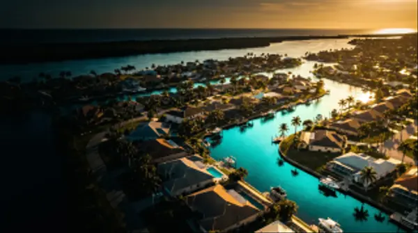 Aerial view of Cape Coral Gulf-access canals and waterfront homes at golden hour, Southwest Florida (AI-generated illustration)