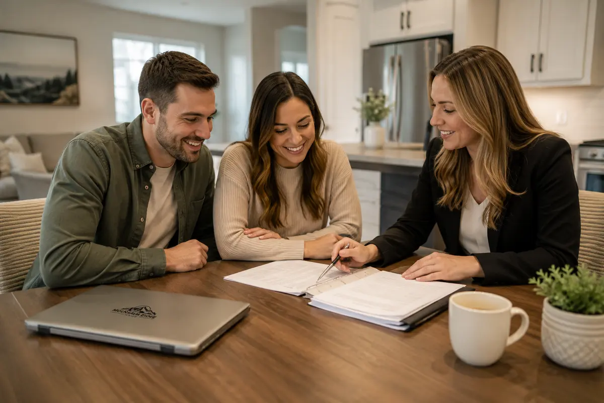 First time home buyers meeting with a Colorado real estate agent to review documents during the home buying process. FHA Colorado Home buyer