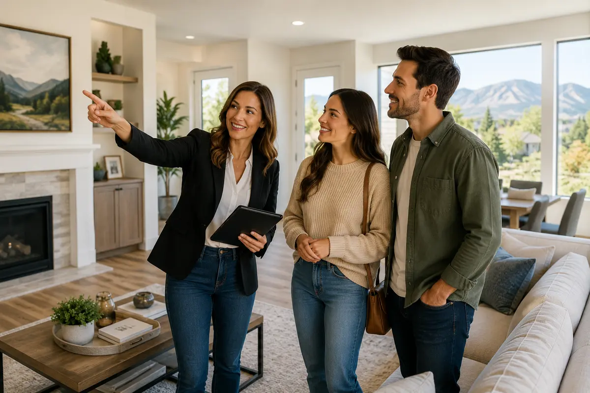 A REALTOR® showing a couple a Colorado home or walking through a home together.