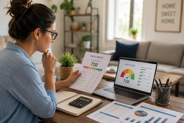 Home buyer reviewing credit score and mortgage documents while preparing for home loan pre-approval.