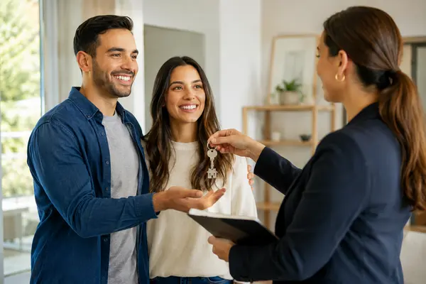 First-time home buyers receiving the keys to their new Colorado home from a real estate professional.