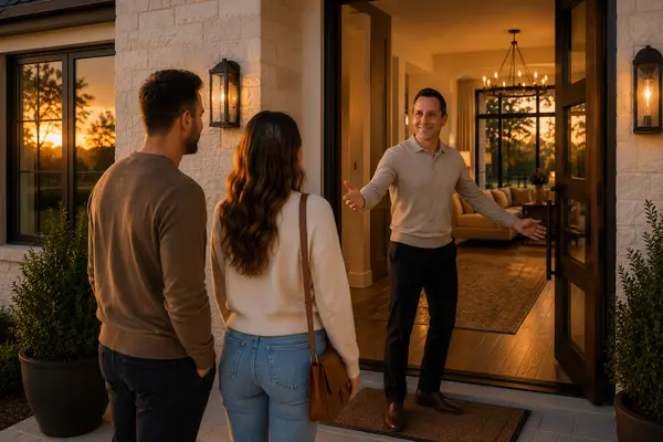 dallas-realtor-home-showing, A REALTOR® warmly welcomes a couple to an evening home showing at a modern luxury residence in Dallas–Fort Worth. The front door is open, revealing a bright, elegant foyer with warm lighting, while the sunset casts a golden glow across the home's stone exterior and inviting entrance, Dallas–Fort Worth REALTOR® welcoming home buyers to a luxury home showing at sunset, with an open front door, modern architecture, and a warm, inviting interior."