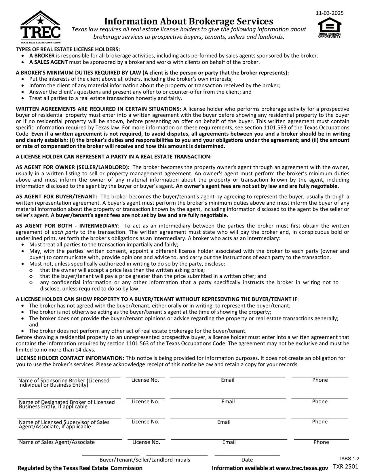 TREC Information About Brokerage Services form