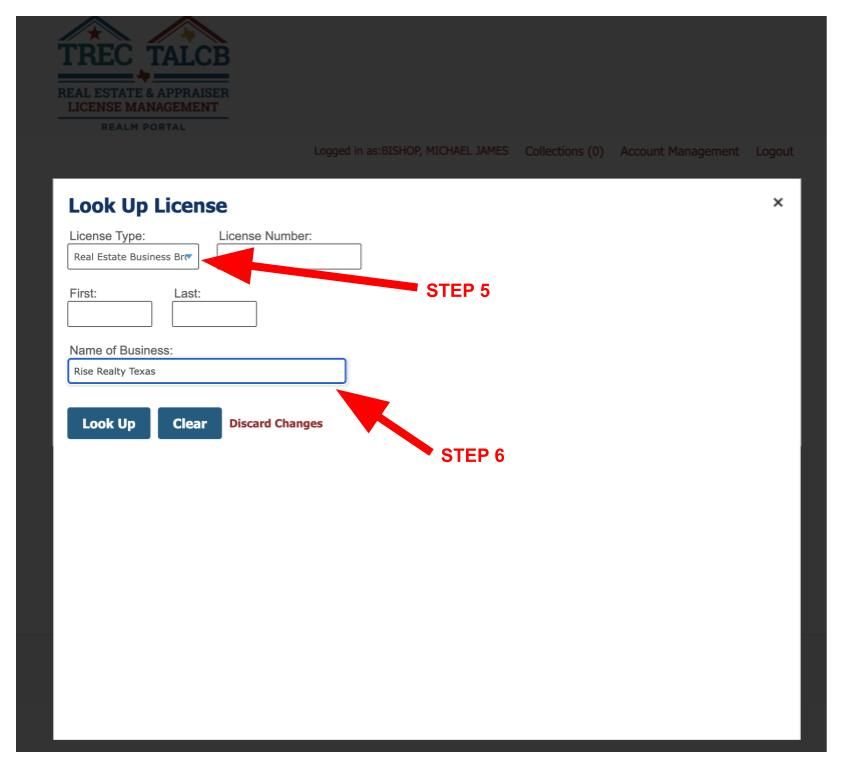 Example on TREC REALM Portal of selecting the right brokerage in the lookup section