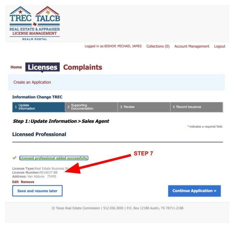 Continue application button example on TREC REALM Portal