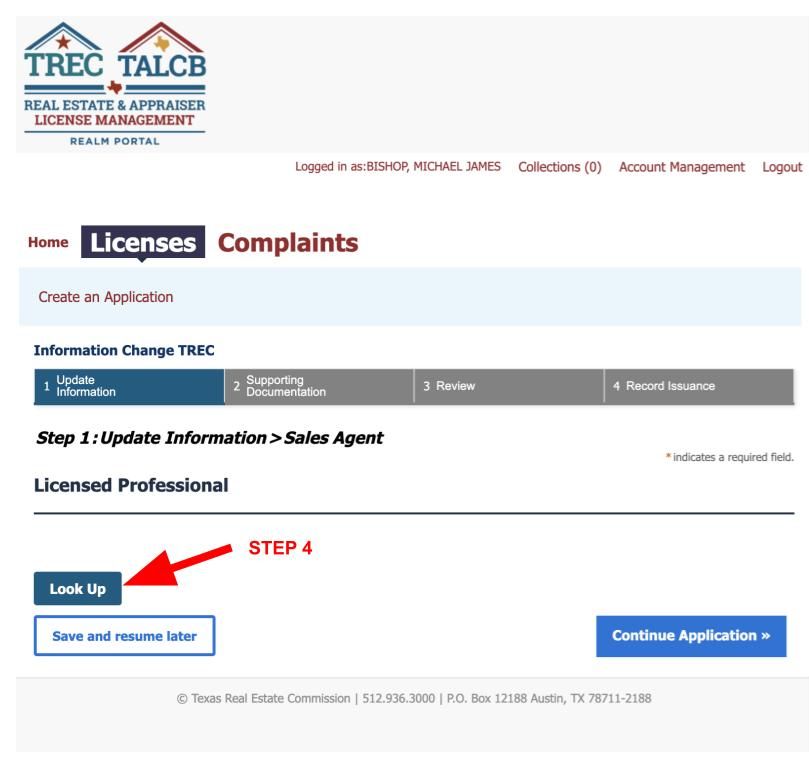 Example of TREC REALM Portal on where to click on the Lookup button