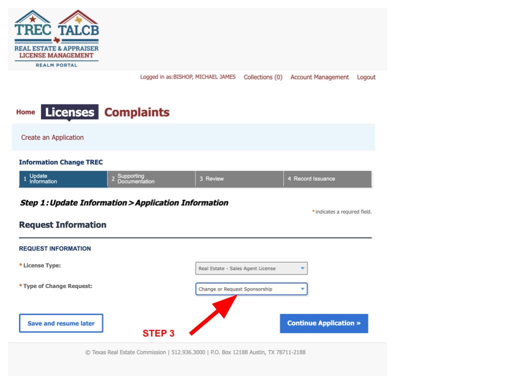 Example on TREC REALM Portal where to click on "Change or request sponsorship"