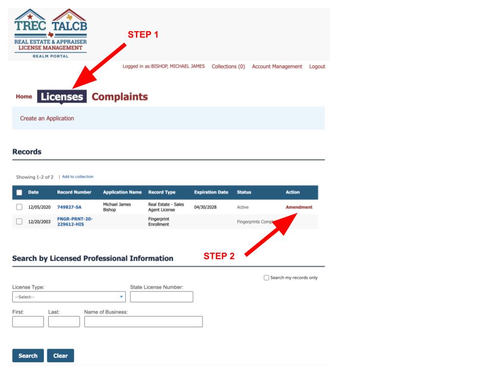 Where to click on TREC REALM portal to begin transfer of license