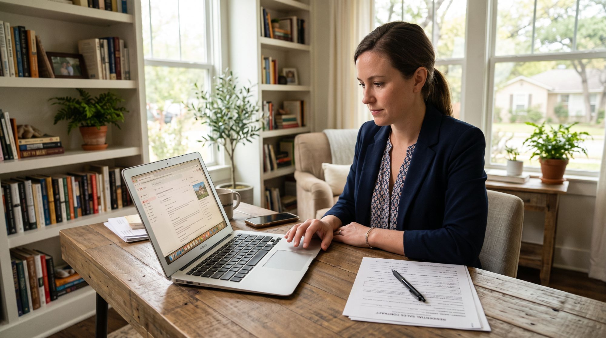 Texas real estate agent reviewing a written buyer representation agreement at a laptop