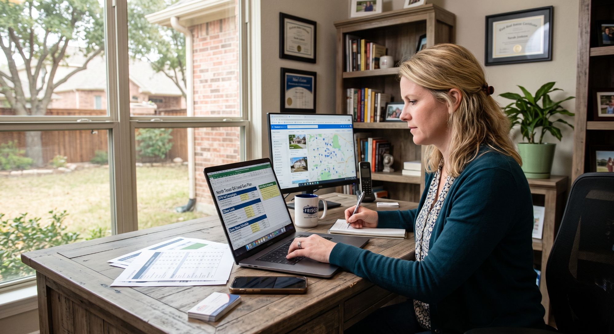 Real estate agent reviewing a lead generation plan on a laptop in a North Texas home office