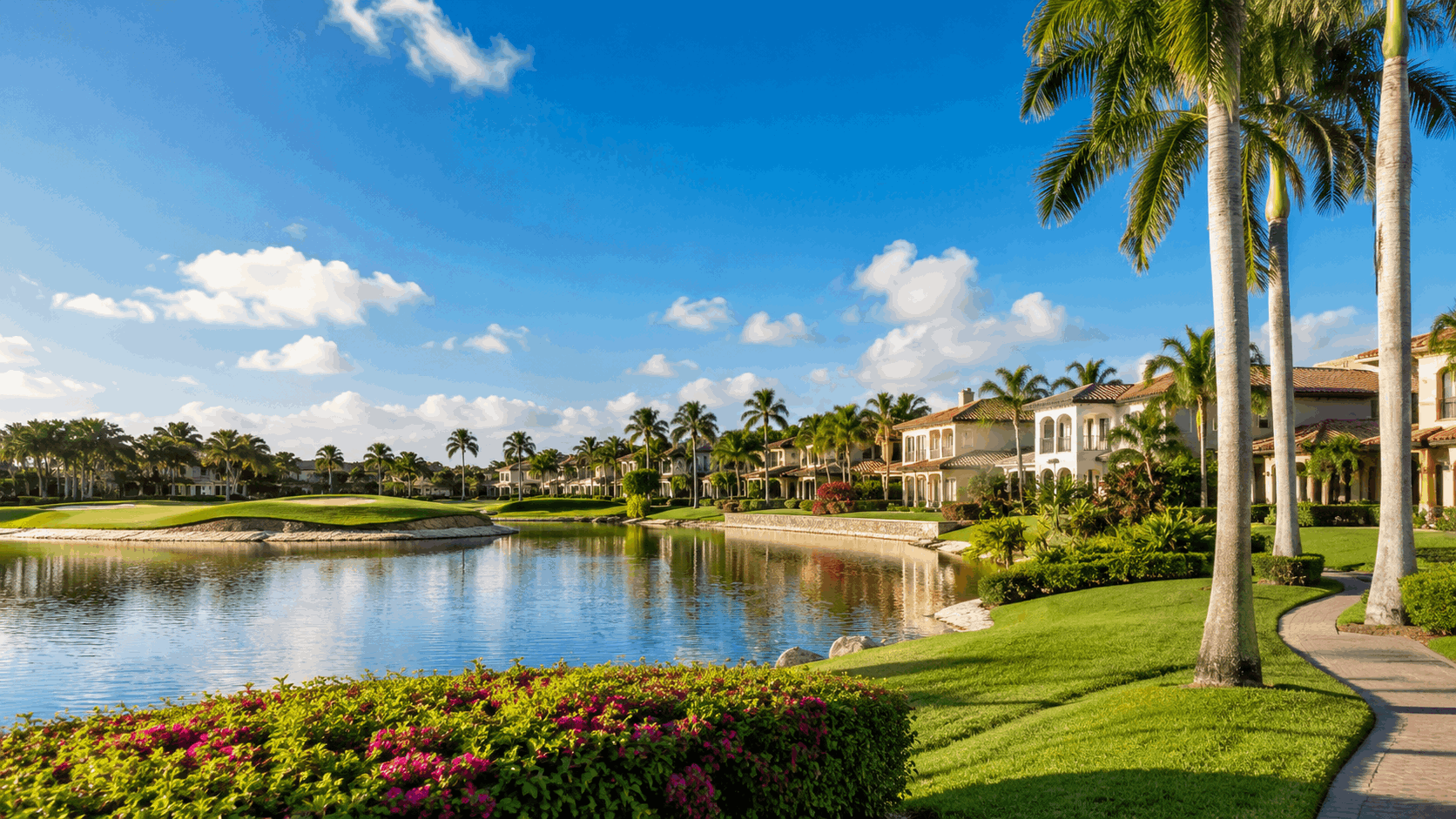 Palm Beach Gardens Florida luxury homes with lake, palm trees, and tropical landscaping