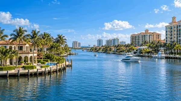 Boca Raton Florida waterfront homes, Intracoastal Waterway, palm trees and boats