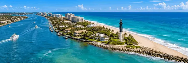 Aerial view of Hillsboro Beach, Florida with the Hillsboro Inlet Lighthouse, Atlantic Ocean and Intracoastal Waterway