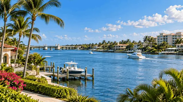 Lantana Florida waterfront homes, Intracoastal Waterway, palm trees and boats