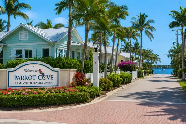 Parrot Cove Lake Worth Beach Florida coastal neighborhood with palm trees and waterfront homes