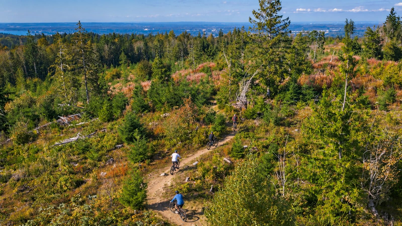 Mountain bikers riding a trail on Galbraith Mountain, with Bellingham Bay in the distance.