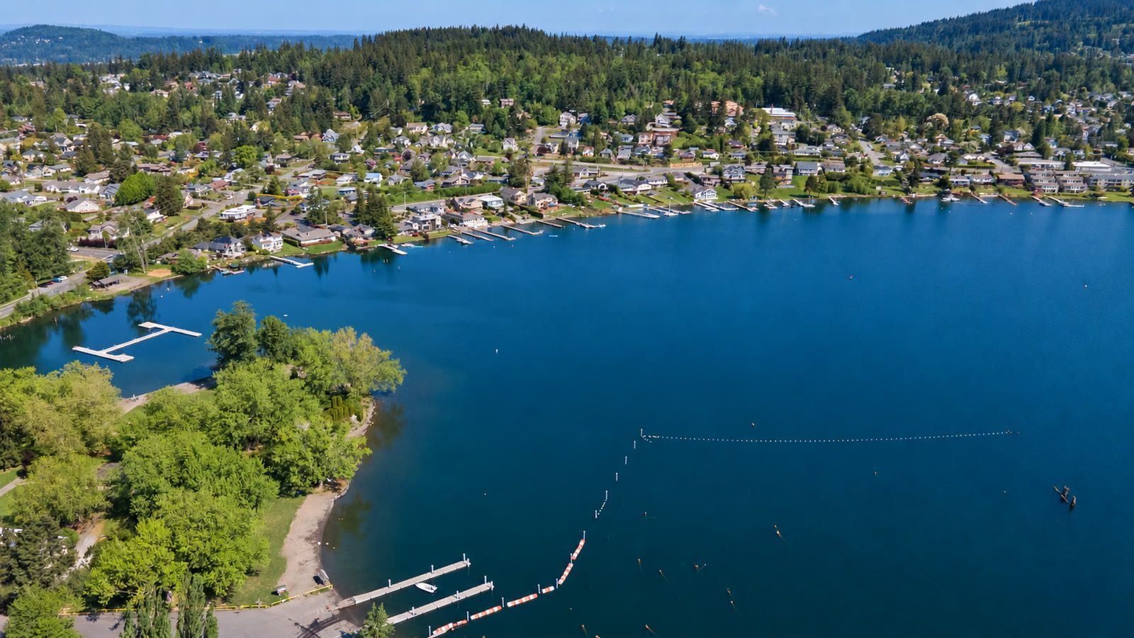 Aerial of the north end of Lake Whatcom and the docks at Bloedel Donovan Park in Bellingham.