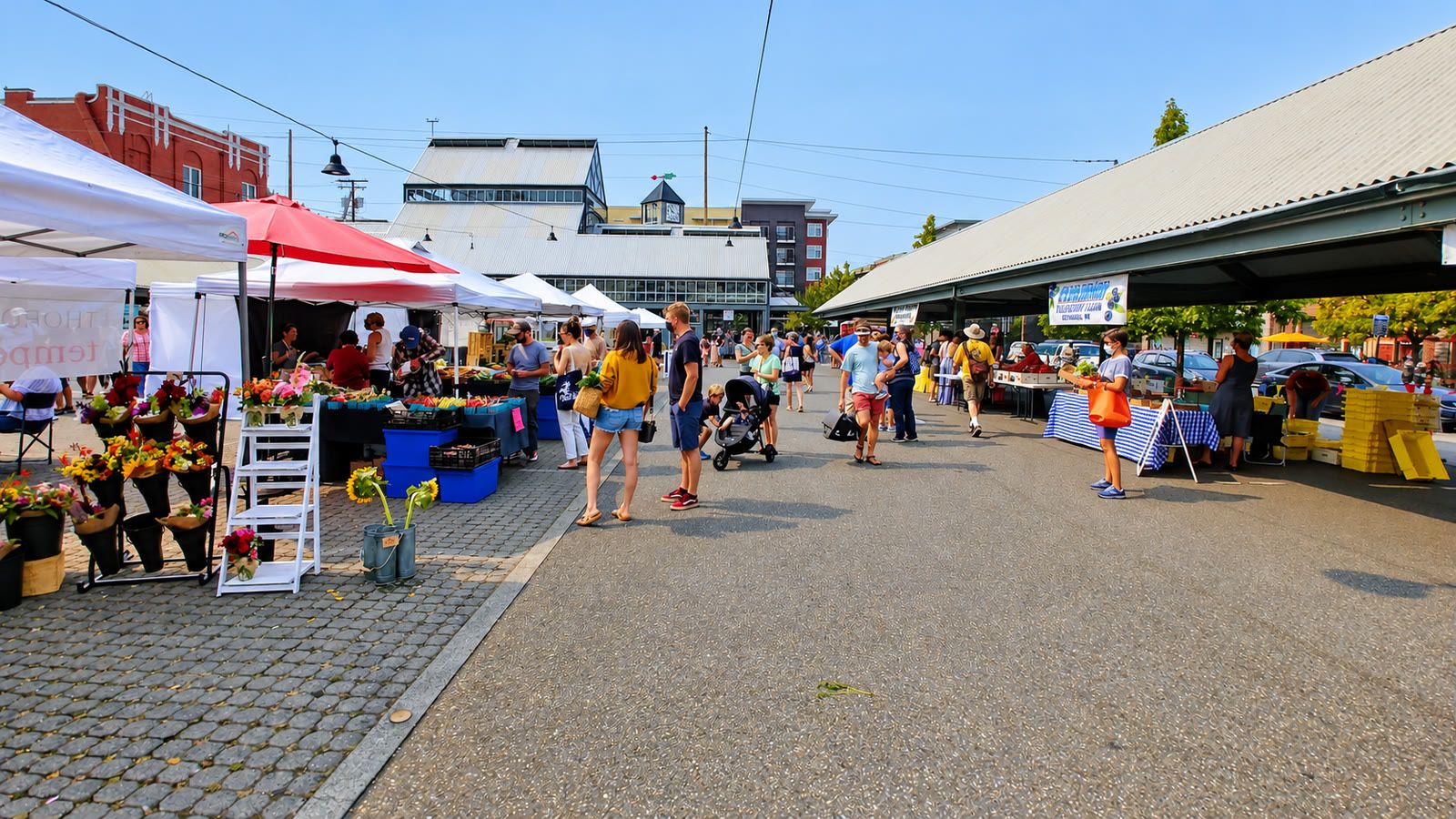 Shoppers at the Bellingham Farmers Market at Depot Market Square on a sunny Saturday.
