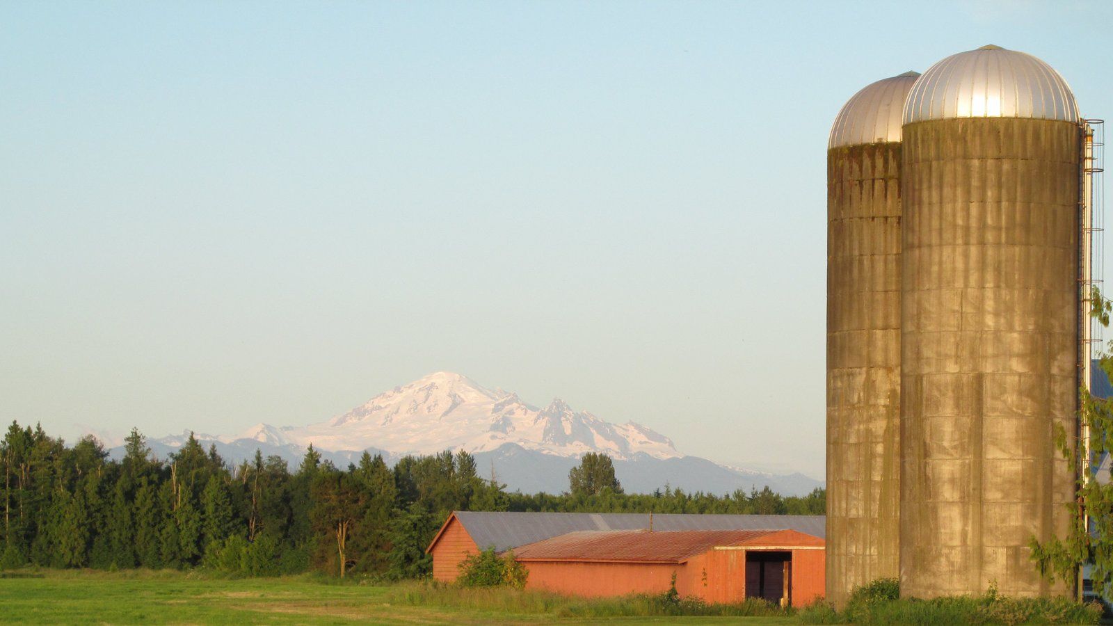Farmland north of Custer in rural Whatcom County: a red barn and two tall silos with Mount Baker in the distance.