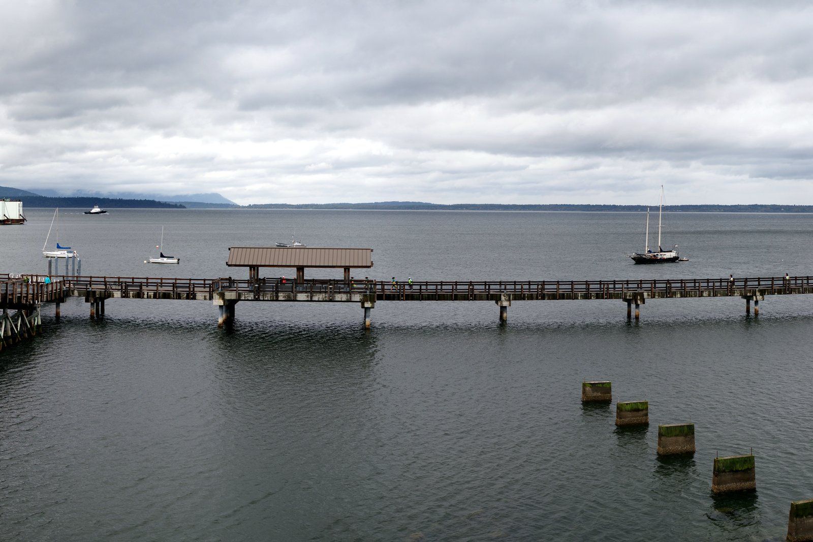 Taylor Dock over-water boardwalk and Boulevard Park on Bellingham Bay below the South Hill neighborhood in Bellingham, WA