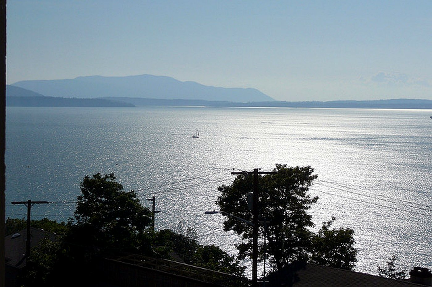 View of Bellingham Bay and the San Juan Islands from the South Hill neighborhood hillside in Bellingham, WA