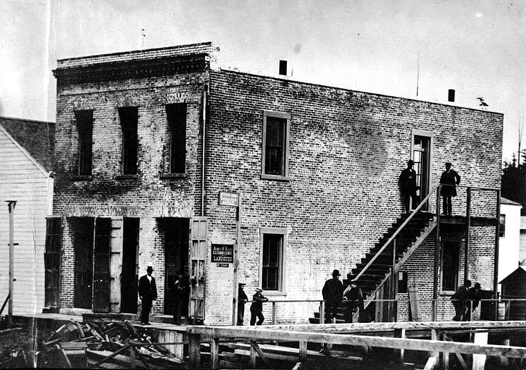 The 1858 T.G. Richards brick building on E Street in the Lettered Streets, Bellingham WA, later used as the Whatcom County courthouse
