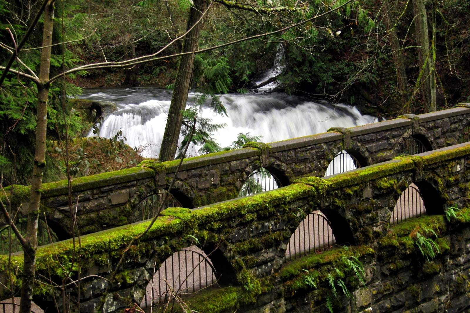 Mossy old stone bridge over the falls at Whatcom Falls Park in Bellingham, WA