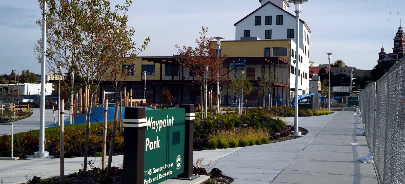 Waypoint Park and the refashioned Granary Building on the redeveloping Bellingham waterfront west of Downtown Bellingham, WA