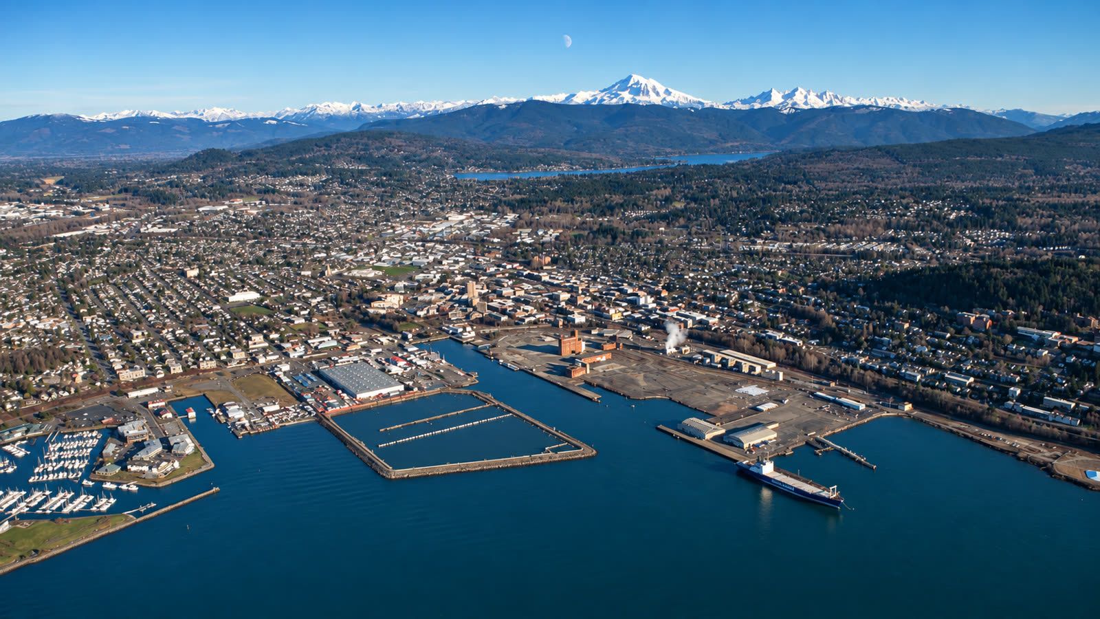 Aerial view of Bellingham Bay with Mt. Baker behind the city