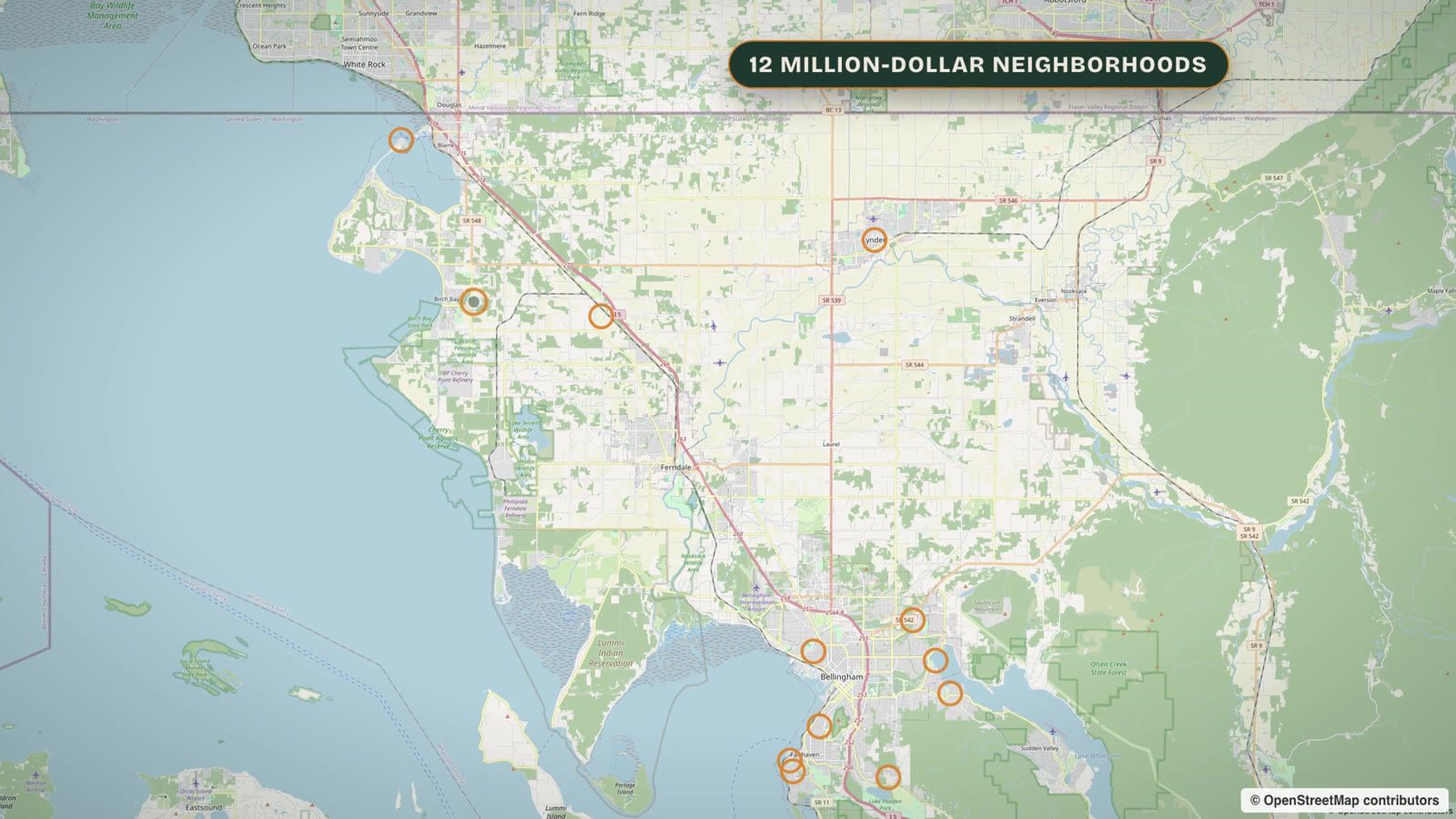 Map of the 12 neighborhoods and towns covered in this guide, from Edgemoor and Fairhaven north to Lynden, Birch Bay and Semiahmoo. Map data © OpenStreetMap contributors.