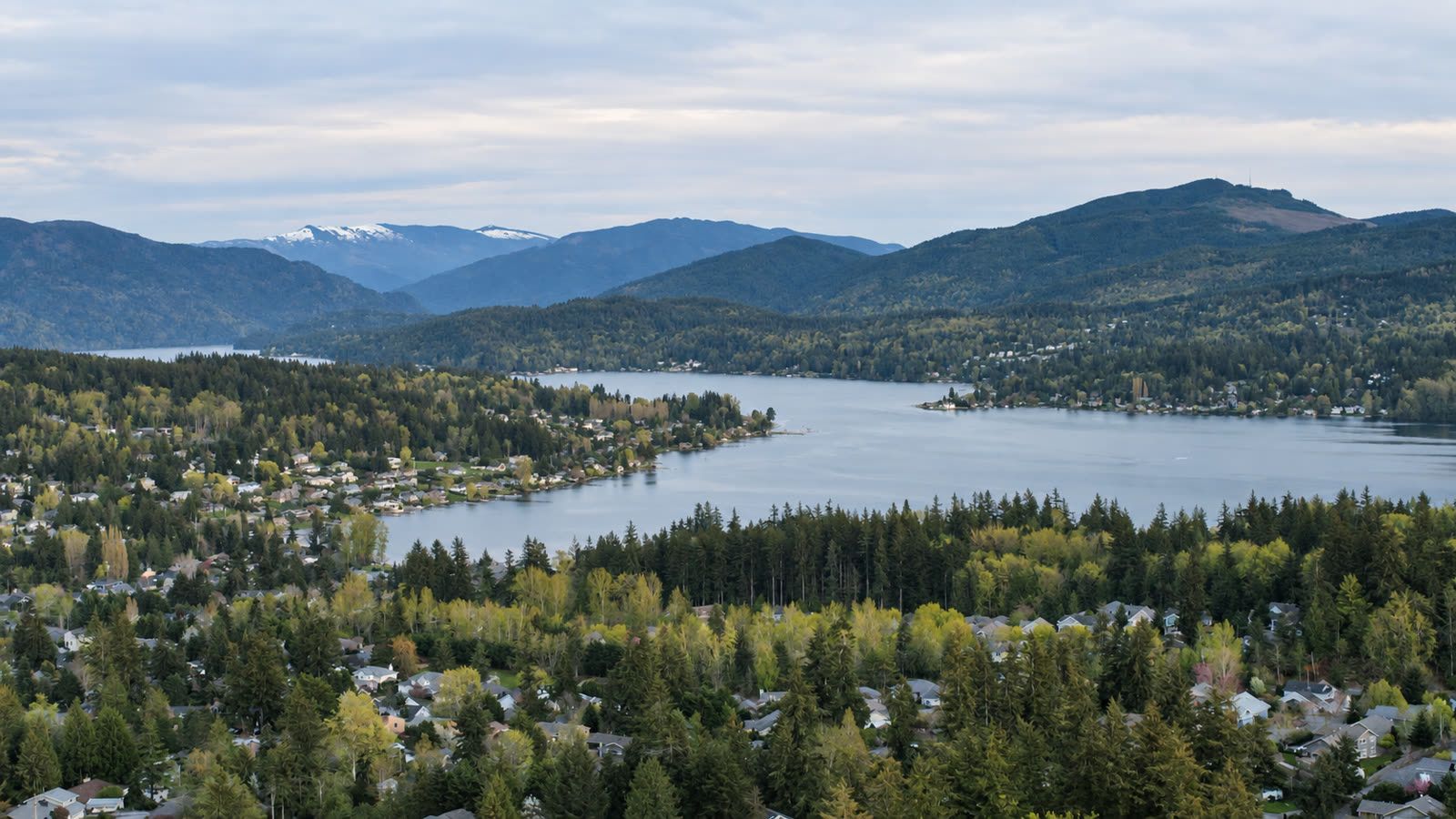 Aerial view of Lake Whatcom and the surrounding neighborhoods