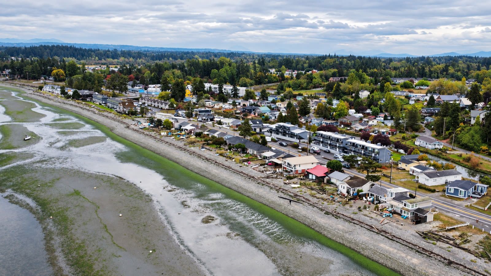 Aerial view of Birch Bay's waterfront homes and tide flats