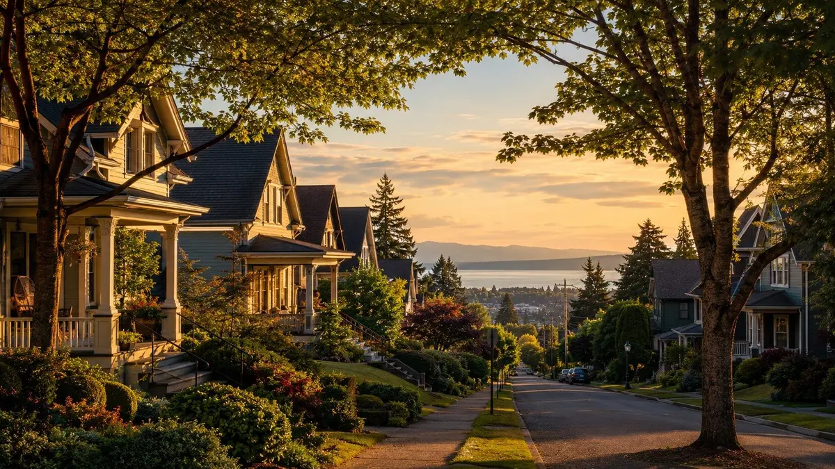 Craftsman homes on a tree-lined street in Bellingham's South Hill neighborhood with Bellingham Bay below