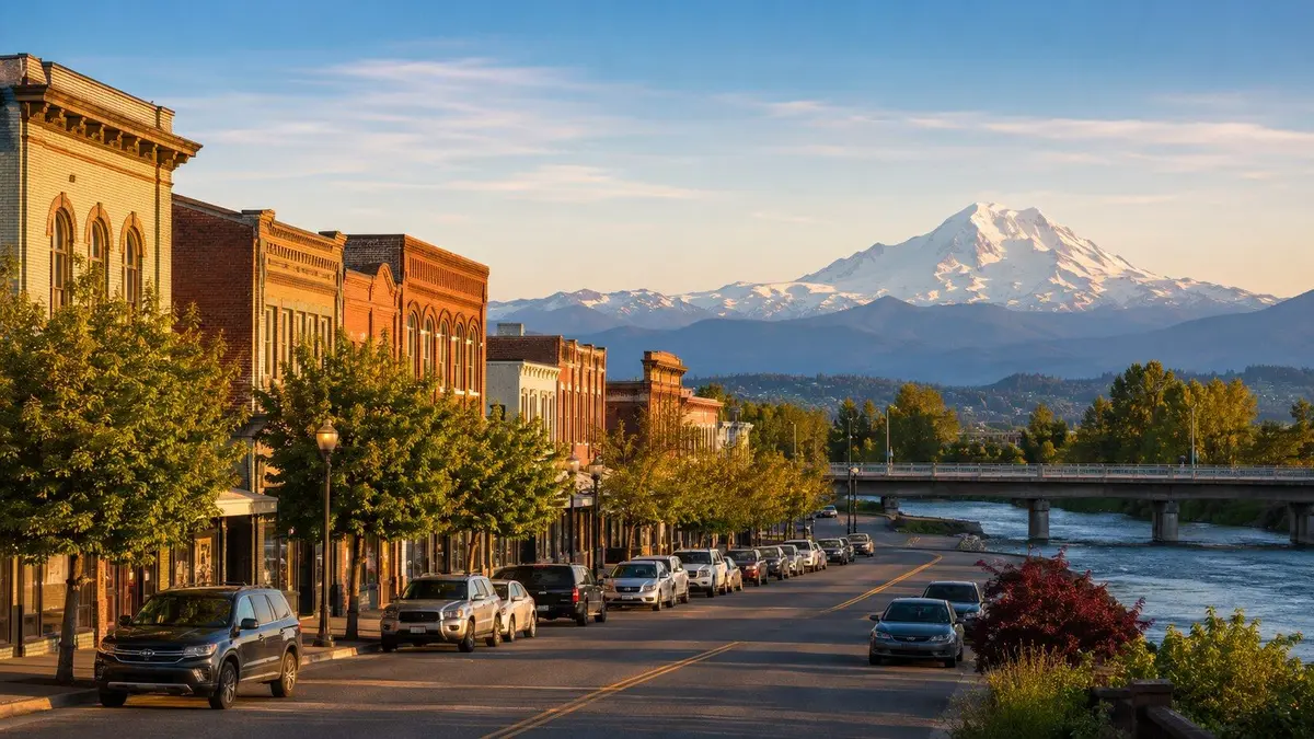 Downtown Ferndale, WA Main Street storefronts with Mount Baker in the distance