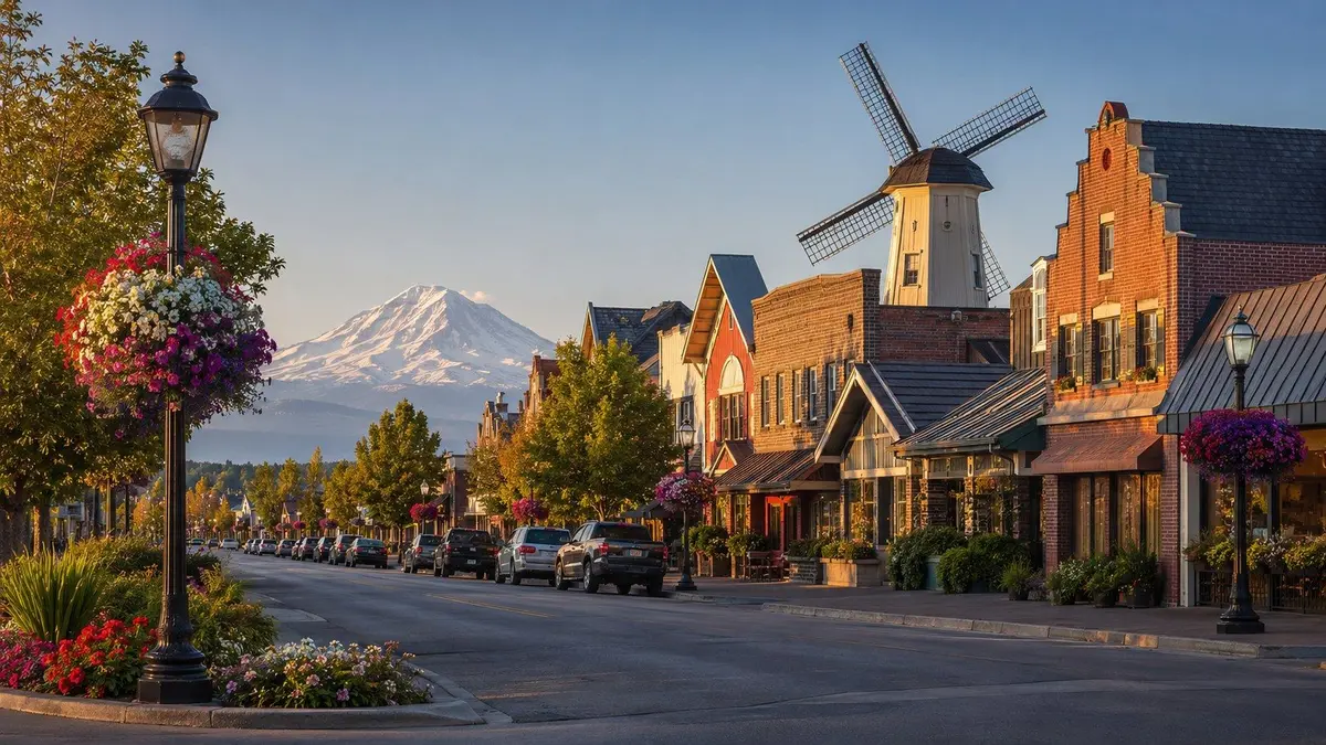 Front Street in downtown Lynden, WA with Dutch storefronts and windmill