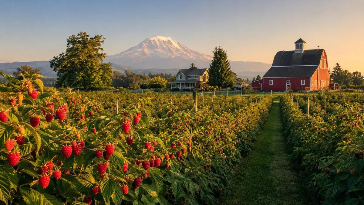Raspberry farm rows near Lynden, WA with red barn and Mount Baker on the horizon