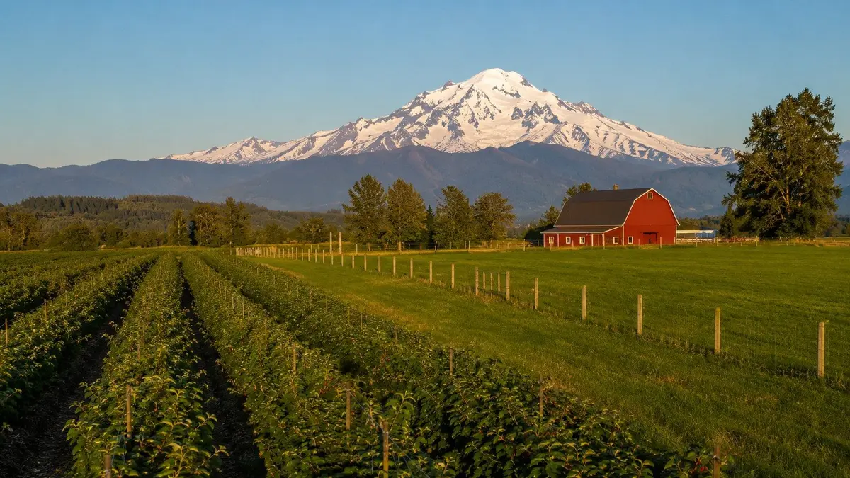 Raspberry fields and a red barn in the Nooksack Valley near Everson, WA with Mount Baker in the distance