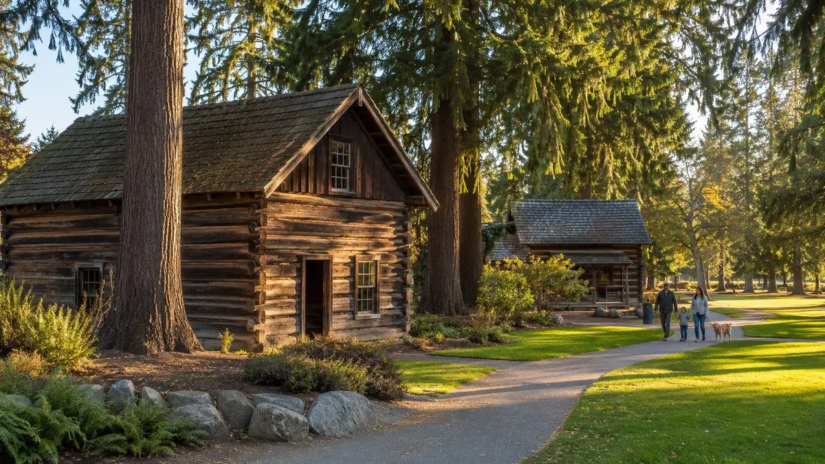 Historic 1870s log cabins at Pioneer Park in Ferndale, WA