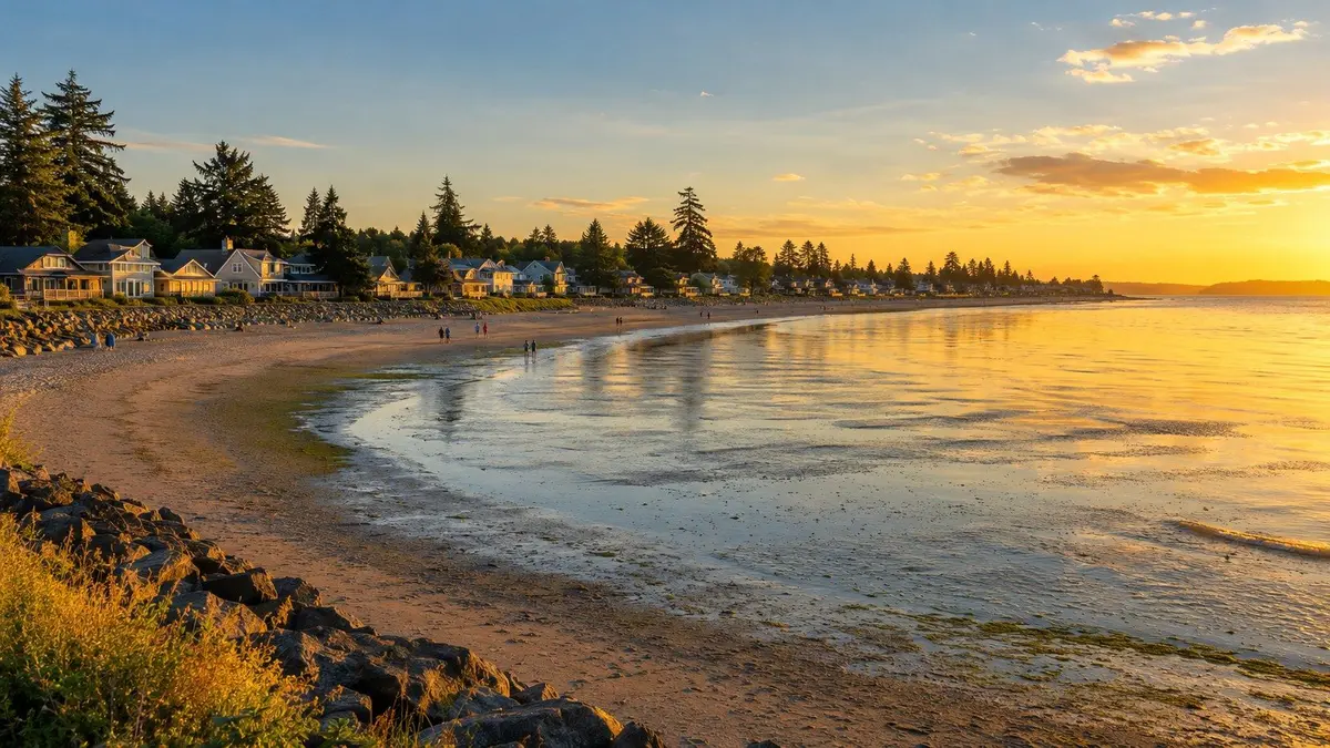 Birch Bay, WA crescent shoreline with beach homes at sunset