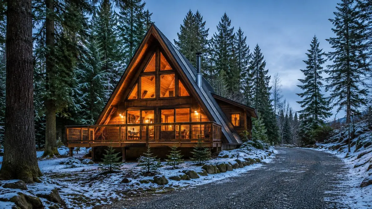 A-frame cabin among evergreens near Maple Falls, WA