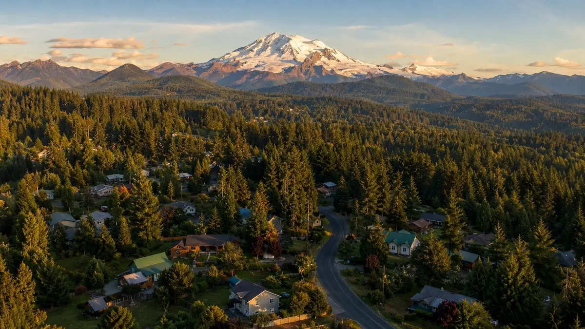 Maple Falls, WA homes among evergreens with Mount Baker views