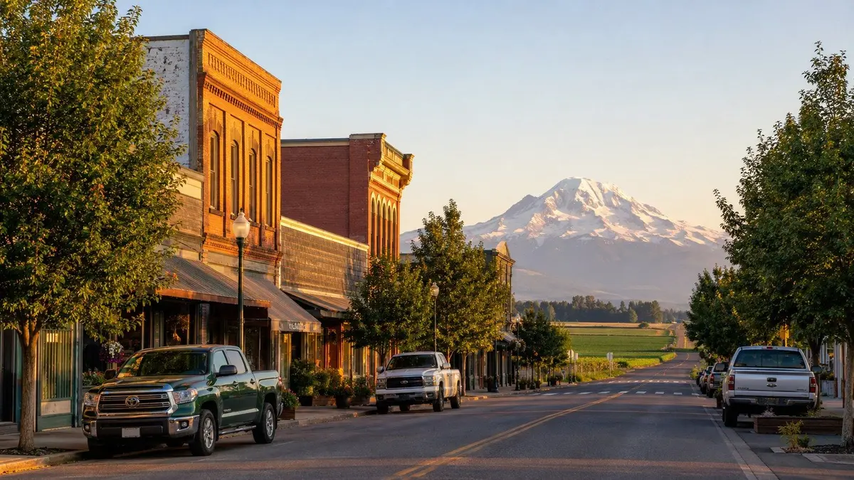 Main Street storefronts in Everson, WA with Mount Baker rising over the Nooksack Valley