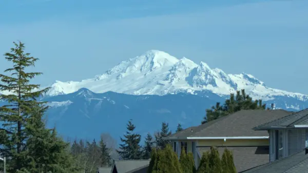 Mount Baker viewed from Ferndale, Washington, with homes and fields in the foreground