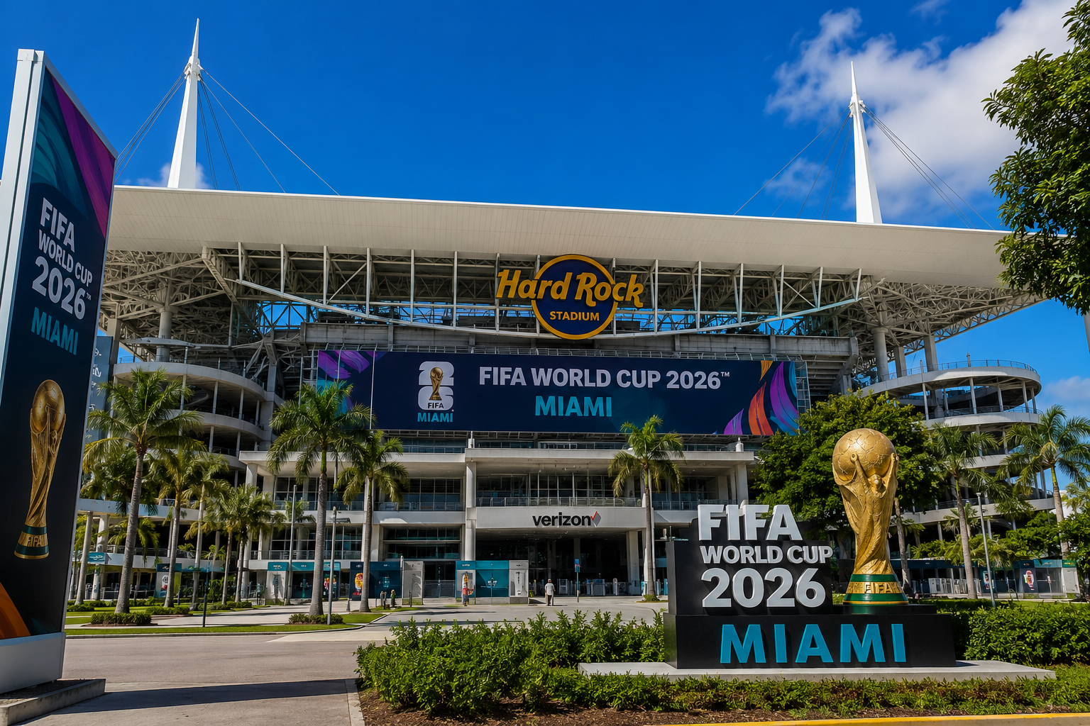 Soccer fans walking toward a stadium before a major match.