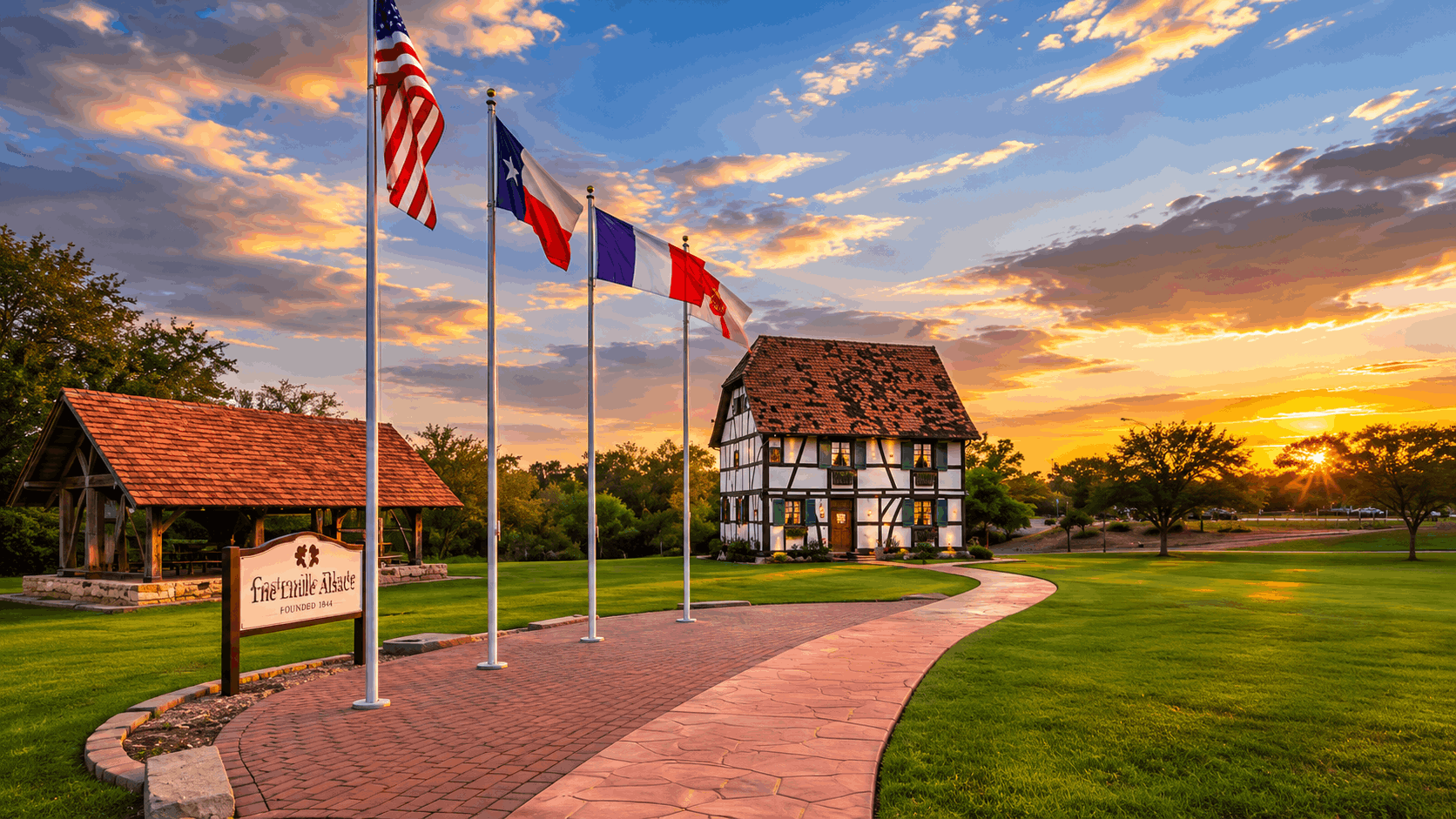 Historic Castroville, Texas landmark featuring Alsatian architecture, Texas and international flags, manicured grounds, and a vibrant Hill Country sunset sky.