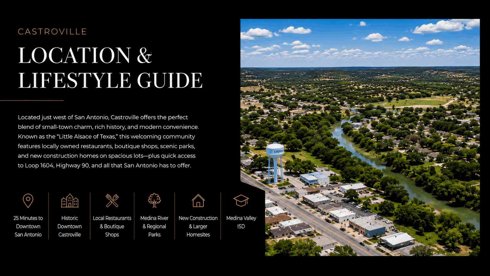Aerial view of Castroville, Texas showcasing the Medina River, residential neighborhoods, open countryside, and scenic Texas Hill Country landscapes near San Antonio.
