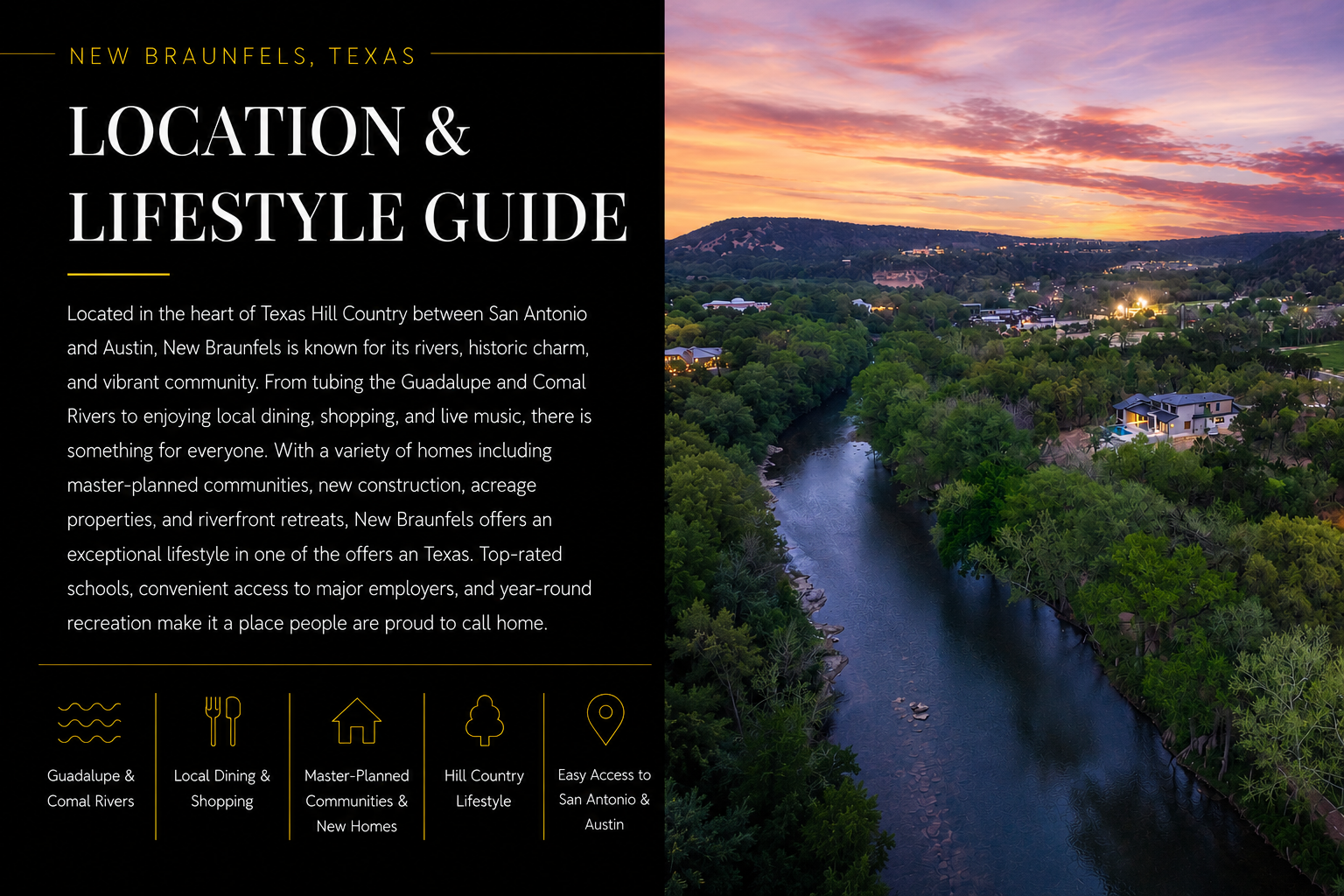 Aerial sunset view of the Guadalupe River in New Braunfels, Texas, featuring riverfront homes, mature trees, rolling Hill Country landscapes, and colorful evening skies overlooking a scenic residential community.