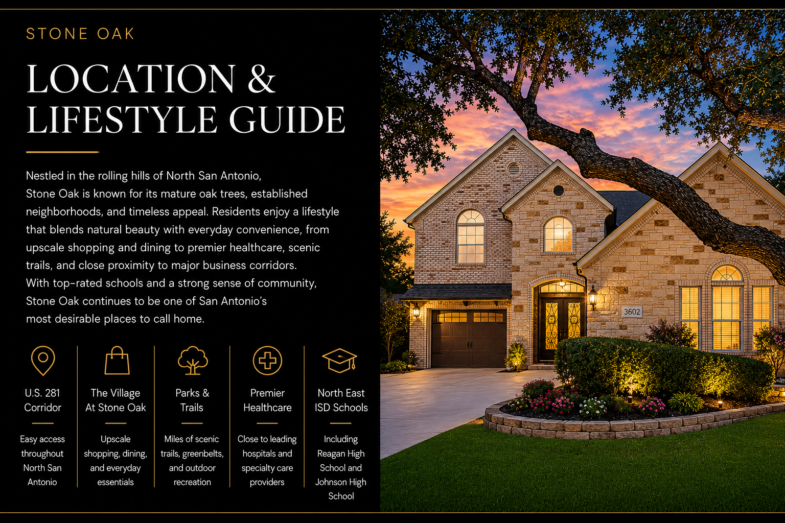 Luxury Stone Oak home in North San Antonio featuring mature oak trees, manicured landscaping, and an established neighborhood setting at sunset.