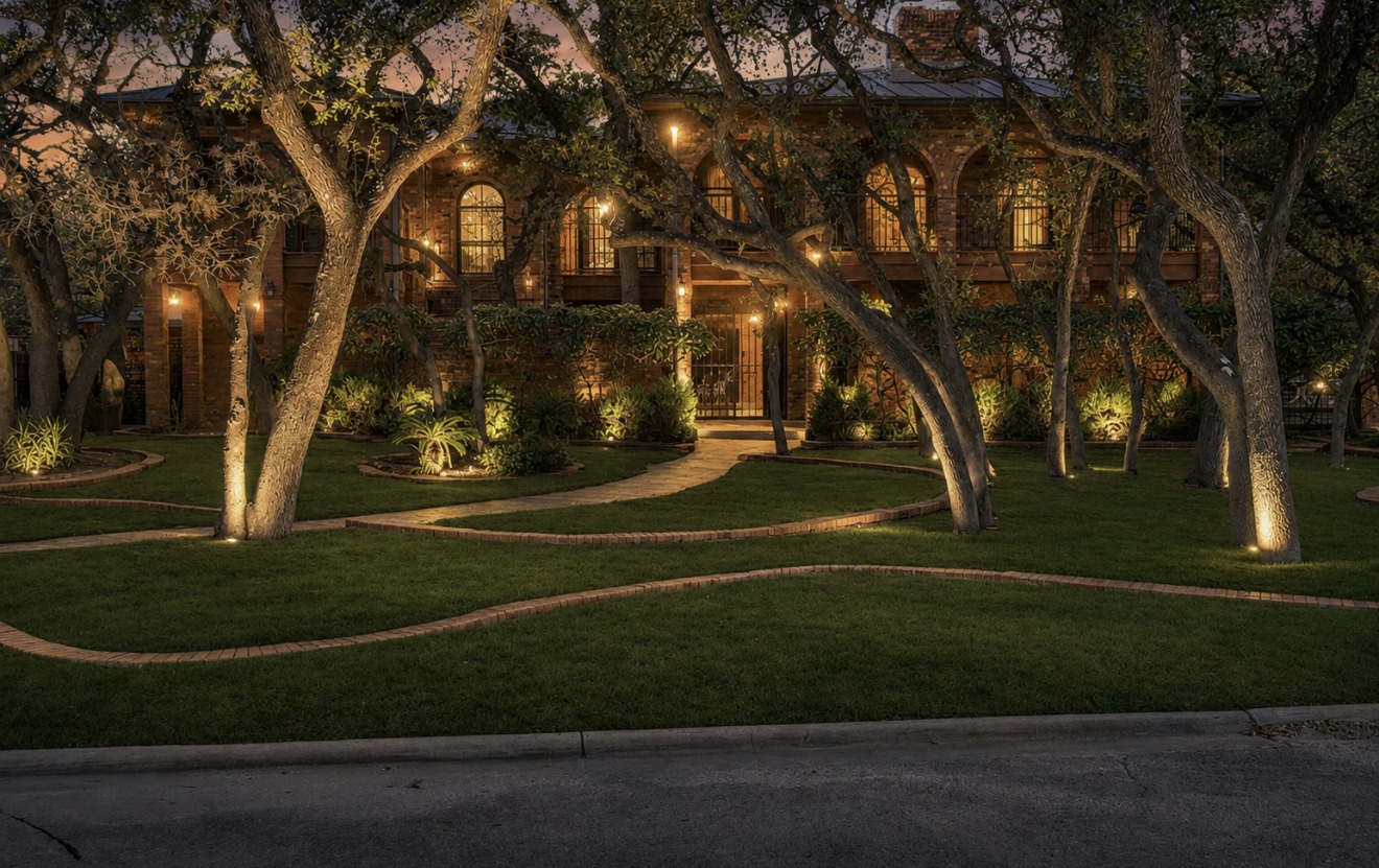 12727 Old Wick, Elm Creek – illuminated oak-lined approach at twilight