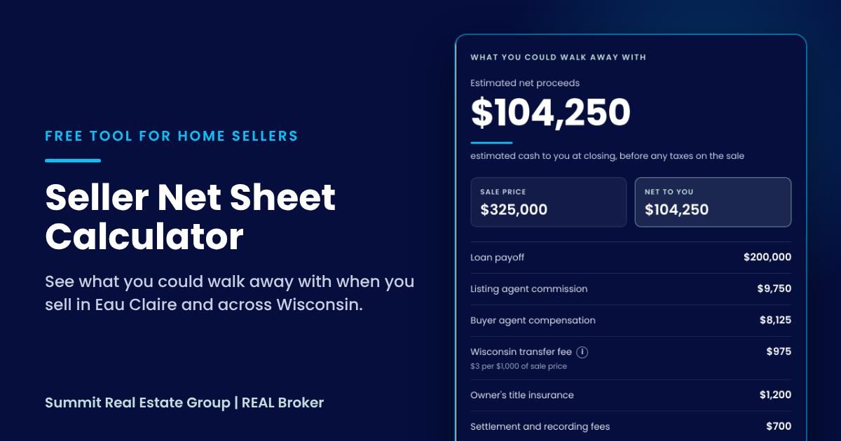 Seller net sheet calculator showing estimated net proceeds for a home sale in Eau Claire, Wisconsin